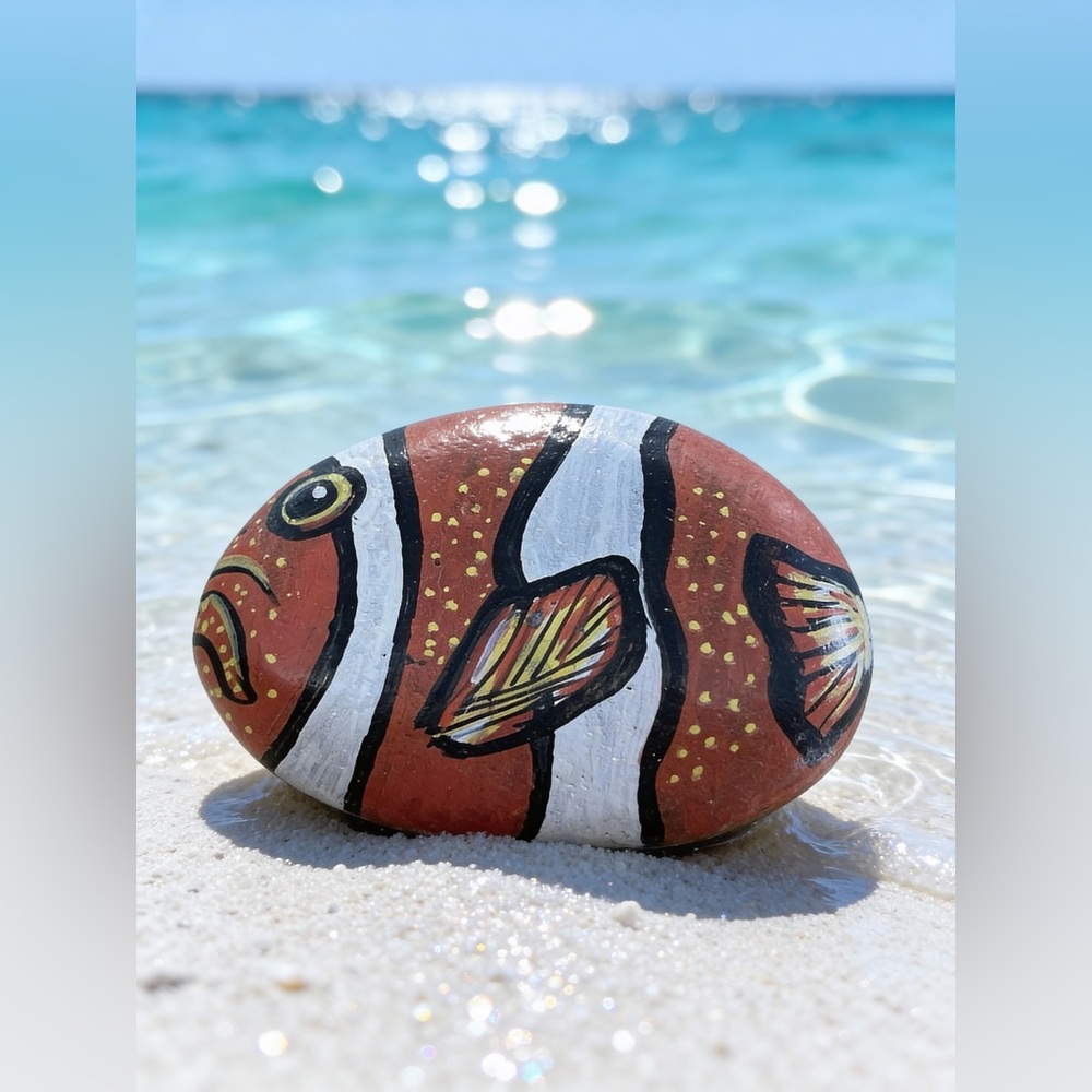 Hand crafted painted clownfish rock orange white yellow black dotted 1.5x3 inch